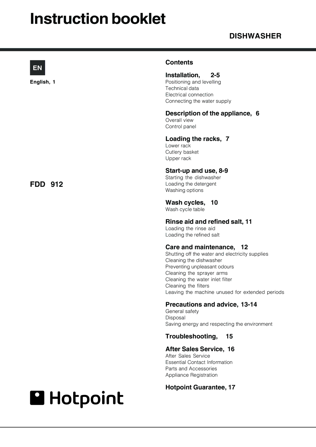 Hotpoint FDD 912 manual Instruction booklet 