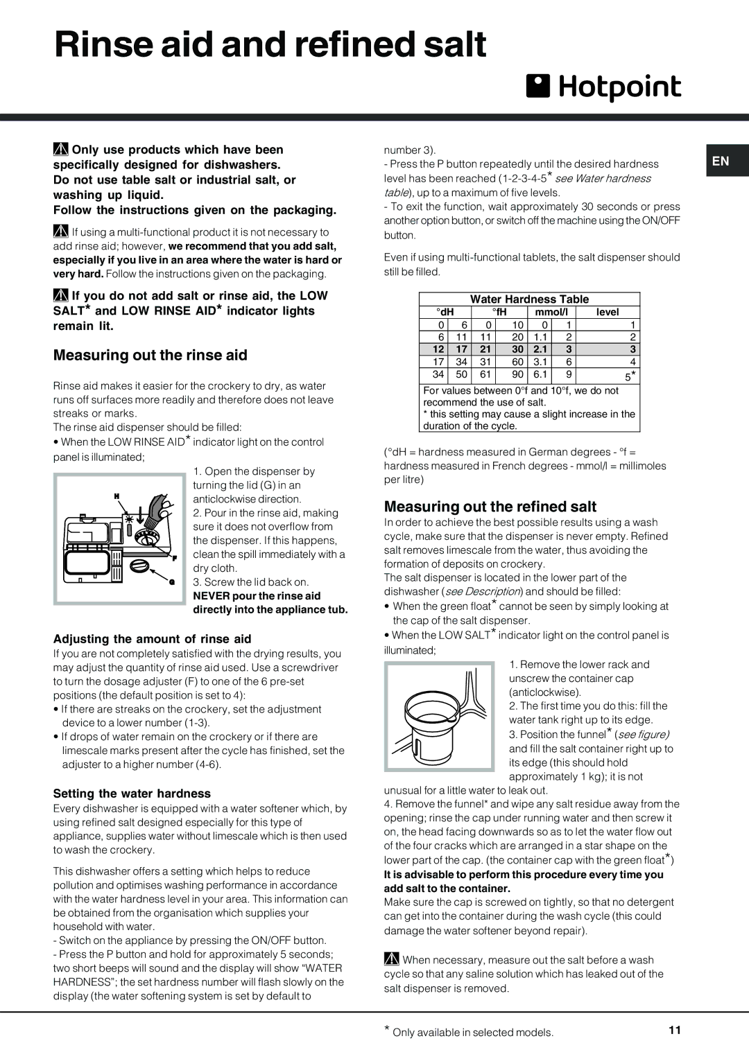 Hotpoint FDD 912 manual Rinse aid and refined salt, Measuring out the rinse aid, Measuring out the refined salt 