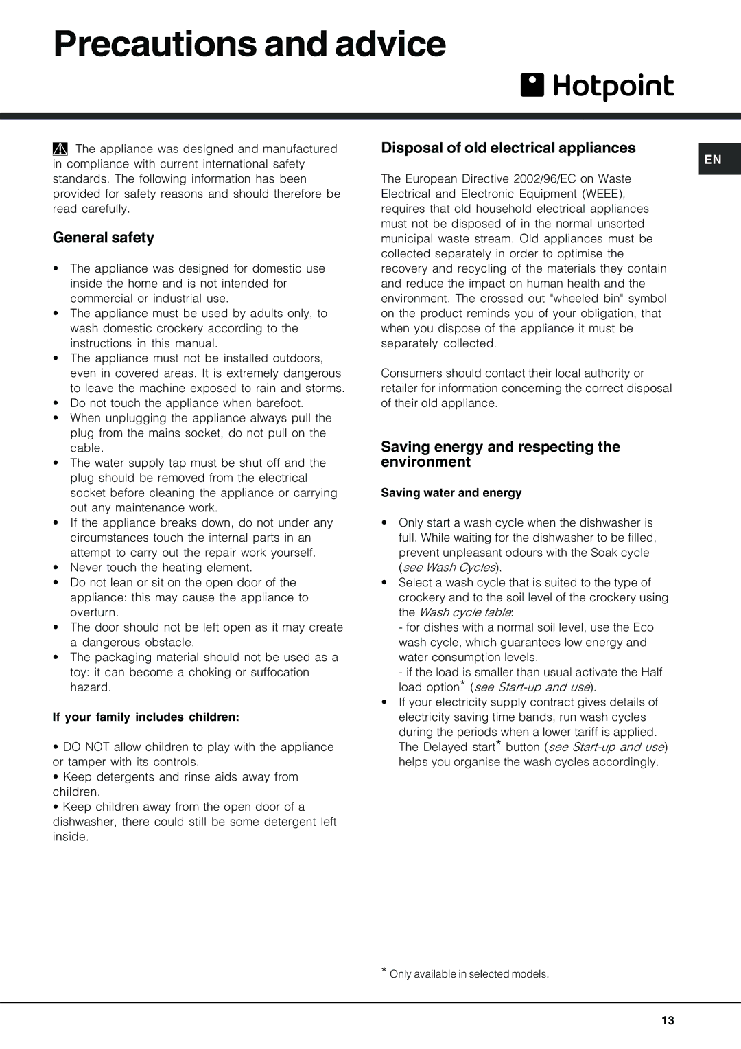 Hotpoint FDD 912 manual Precautions and advice, General safety, Disposal of old electrical appliances 