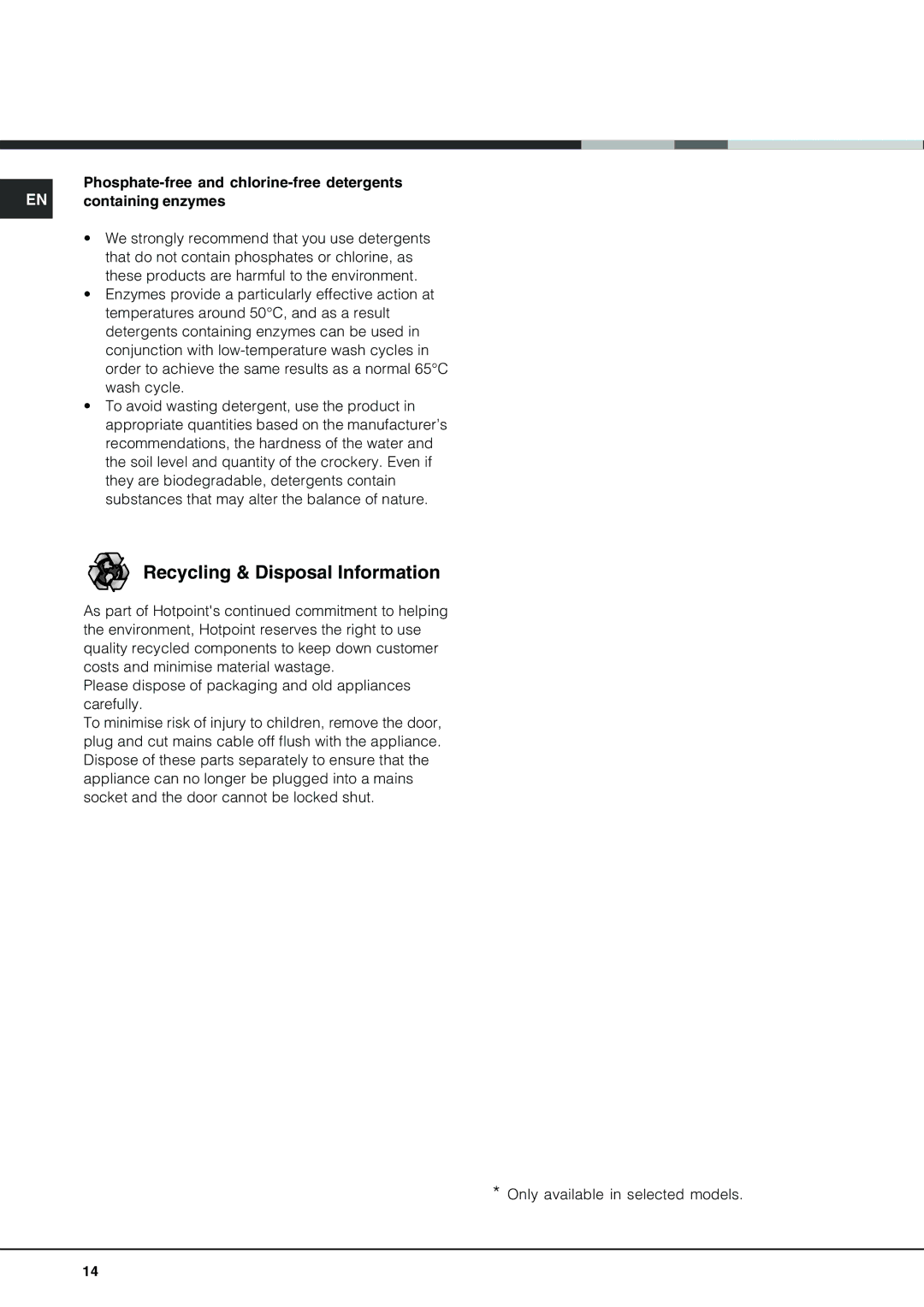 Hotpoint FDD 912 manual Recycling & Disposal Information 