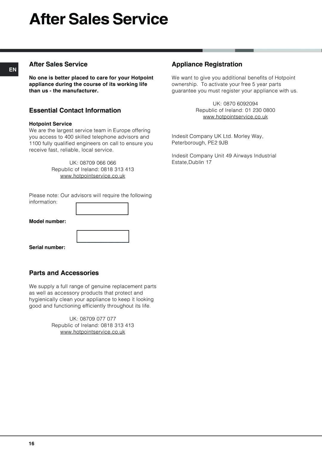 Hotpoint FDD 912 manual After Sales Service, Essential Contact Information, Parts and Accessories, Appliance Registration 