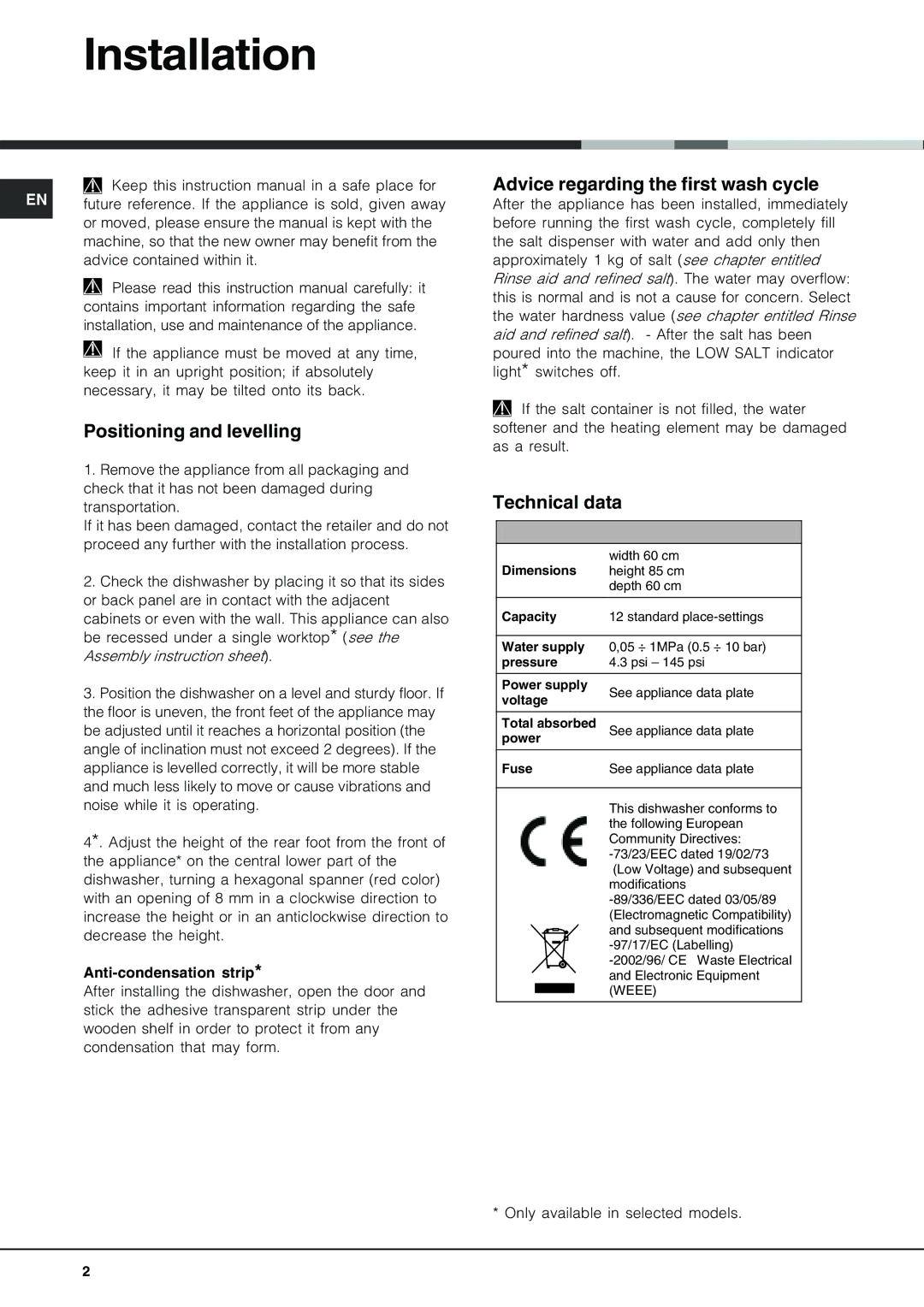 Hotpoint FDD 912 manual Installation, Positioning and levelling, Advice regarding the first wash cycle, Technical data 