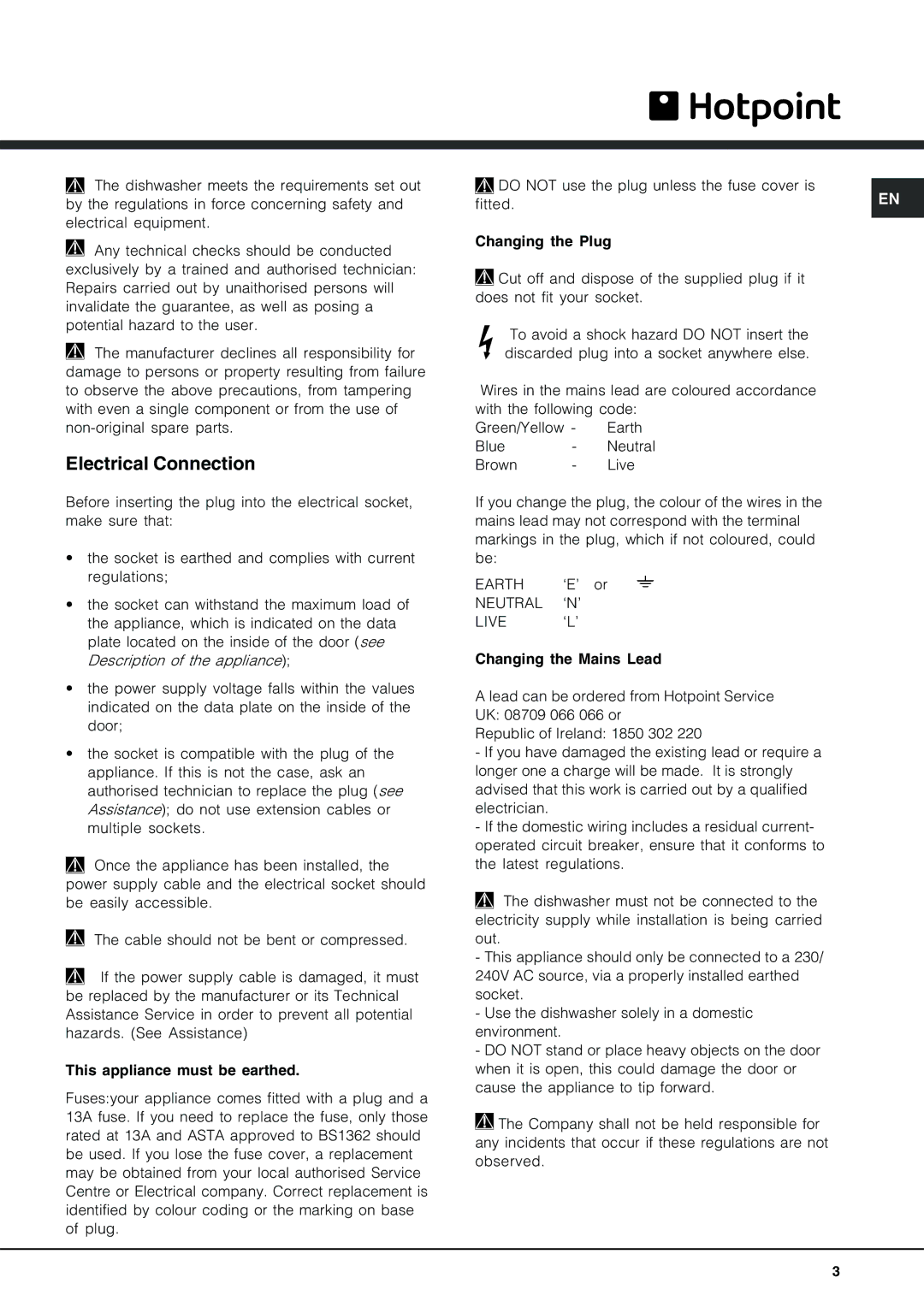 Hotpoint FDD 912 manual Electrical Connection, ‘E’ or, ‘N’, ‘L’ 