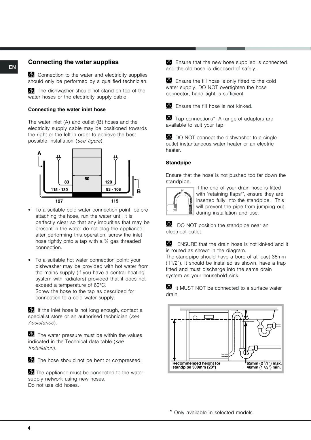 Hotpoint FDD 912 manual Connecting the water supplies 