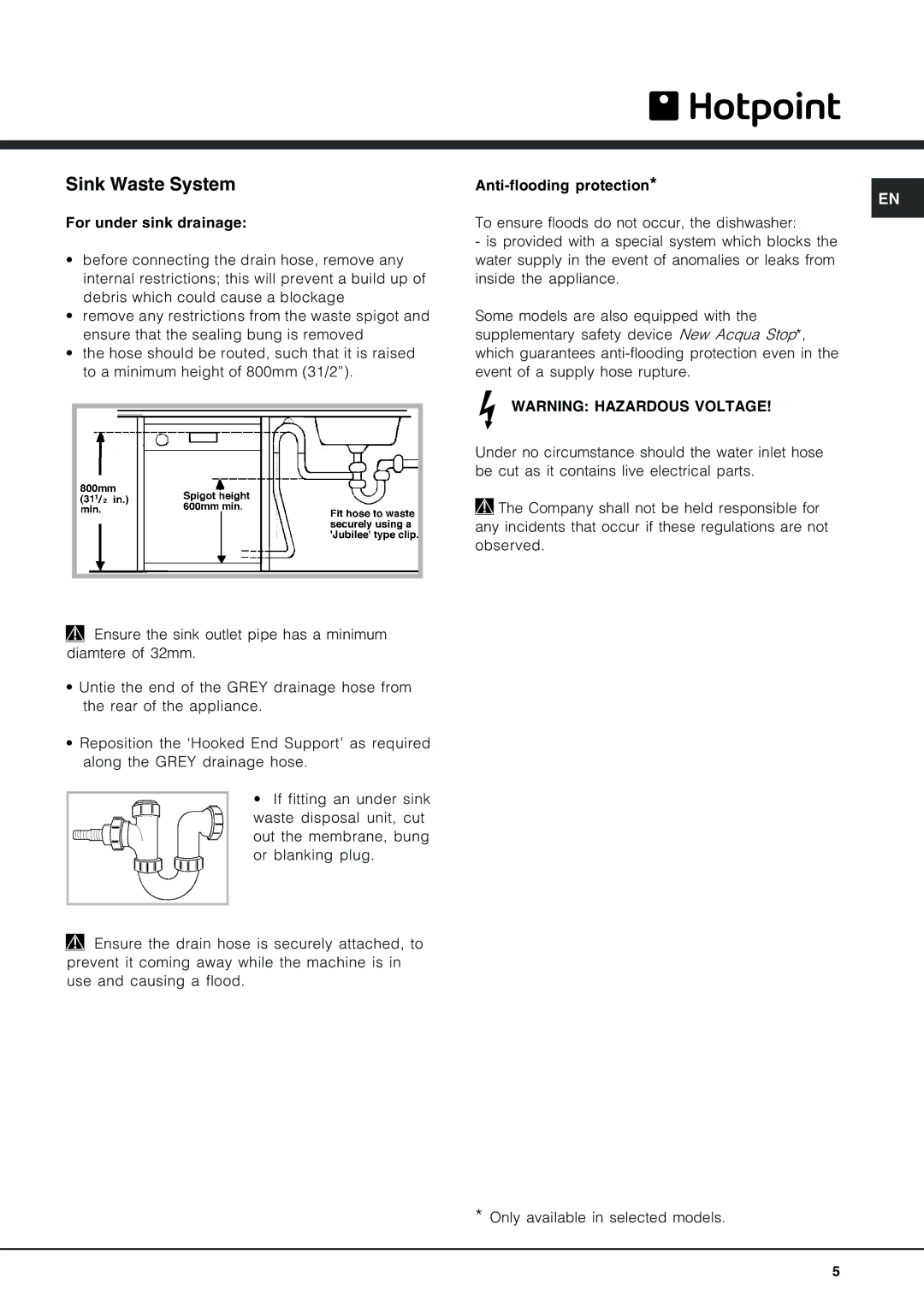 Hotpoint FDD 912 manual Sink Waste System 