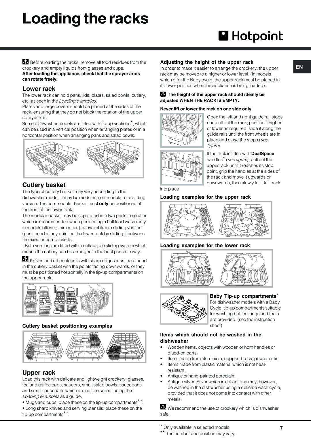 Hotpoint FDD 912 manual Loading the racks, Lower rack, Cutlery basket, Upper rack 