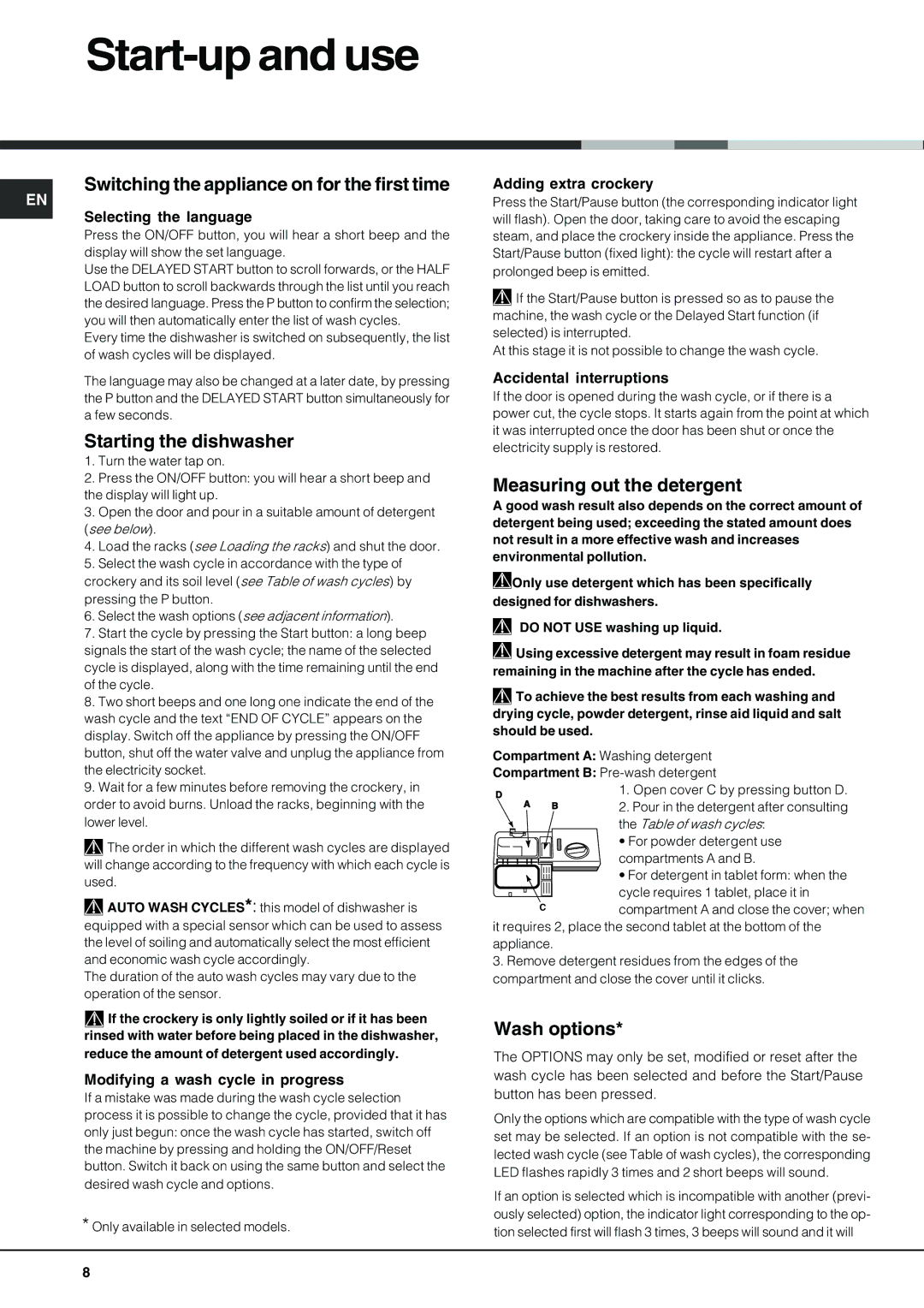 Hotpoint FDD 912 Start-up and use, Switching the appliance on for the first time, Starting the dishwasher, Wash options 