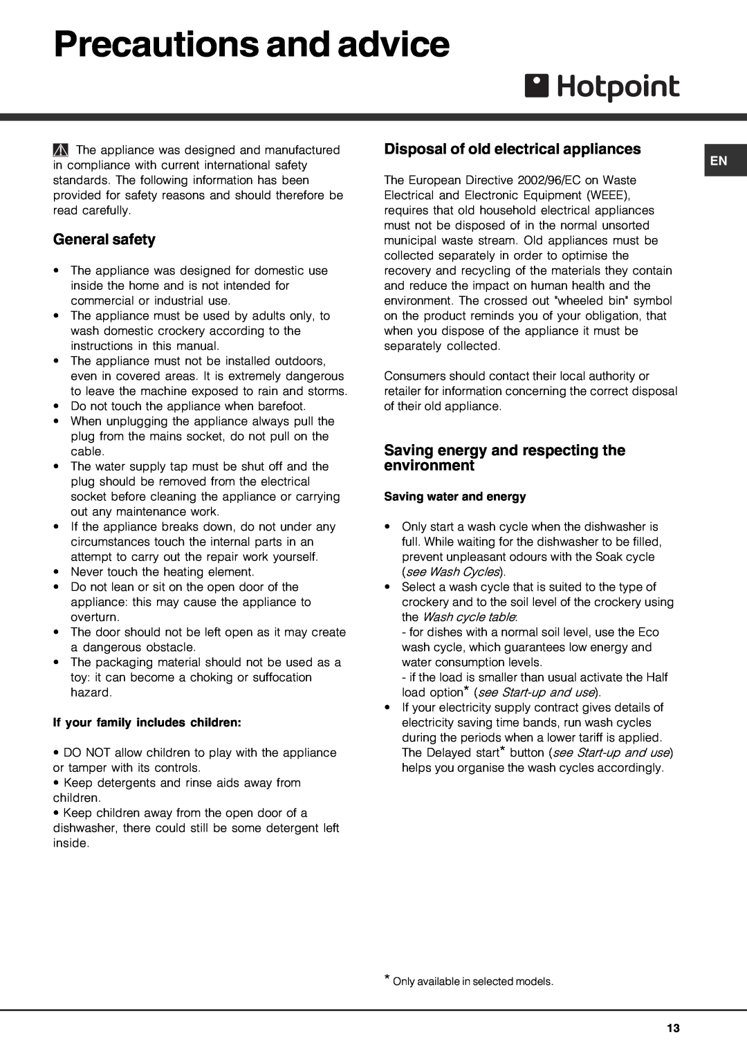 Hotpoint FDD 912 manual Precautions and advice, General safety, Disposal of old electrical appliances 