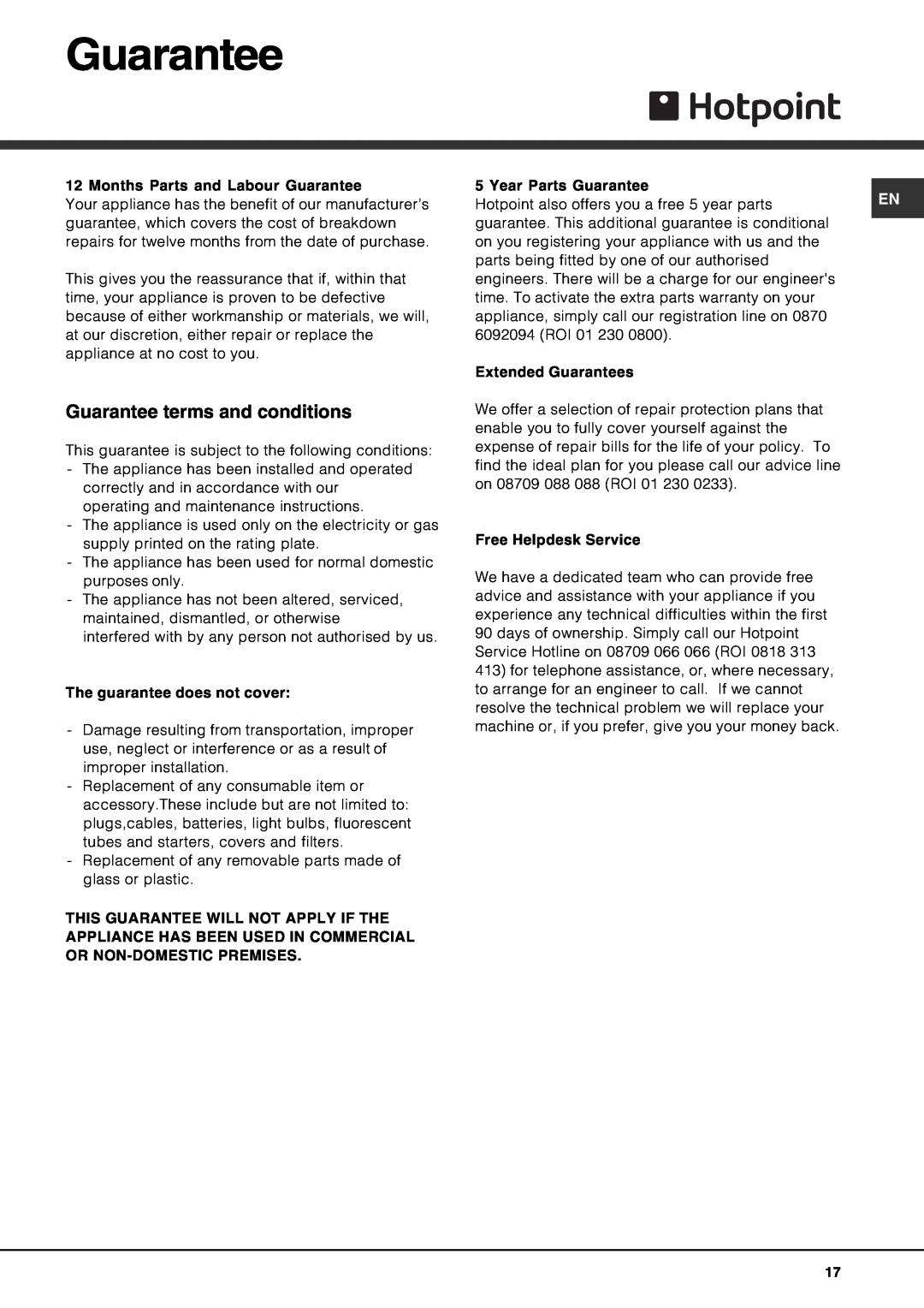 Hotpoint FDD 912 manual Guarantee terms and conditions 