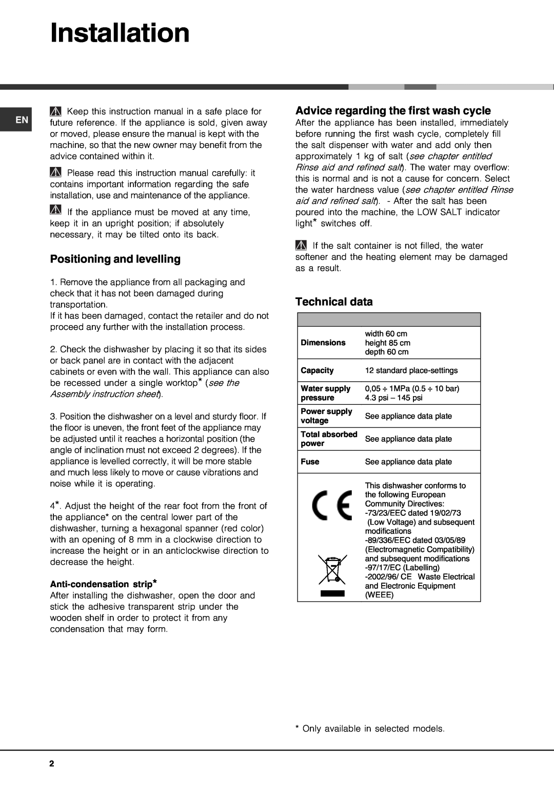 Hotpoint FDD 912 manual Installation, Positioning and levelling, Advice regarding the first wash cycle, Technical data 