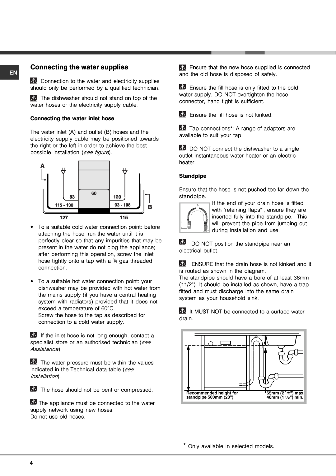 Hotpoint FDD 912 manual Connecting the water supplies 