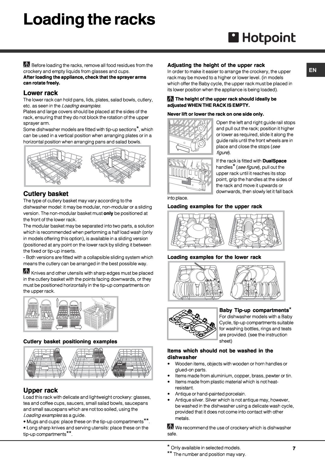 Hotpoint FDD 912 manual Loading the racks, Lower rack, Cutlery basket, Upper rack 