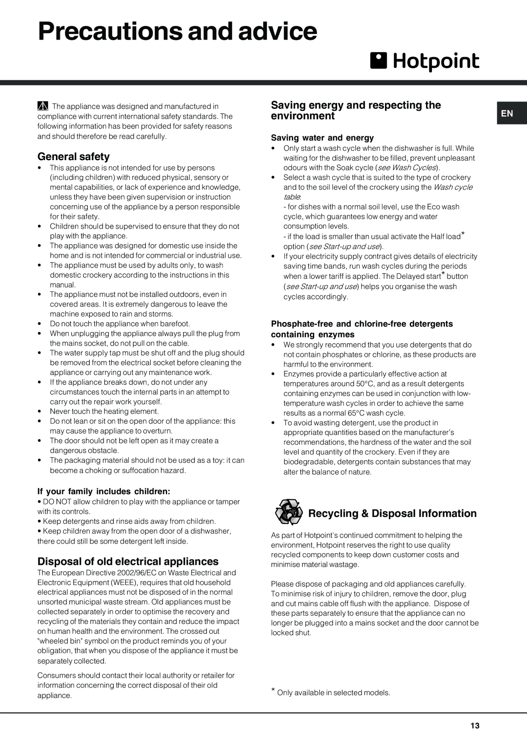 Hotpoint FDD 914 Precautions and advice, General safety, Saving energy and respecting, Recycling & Disposal Information 