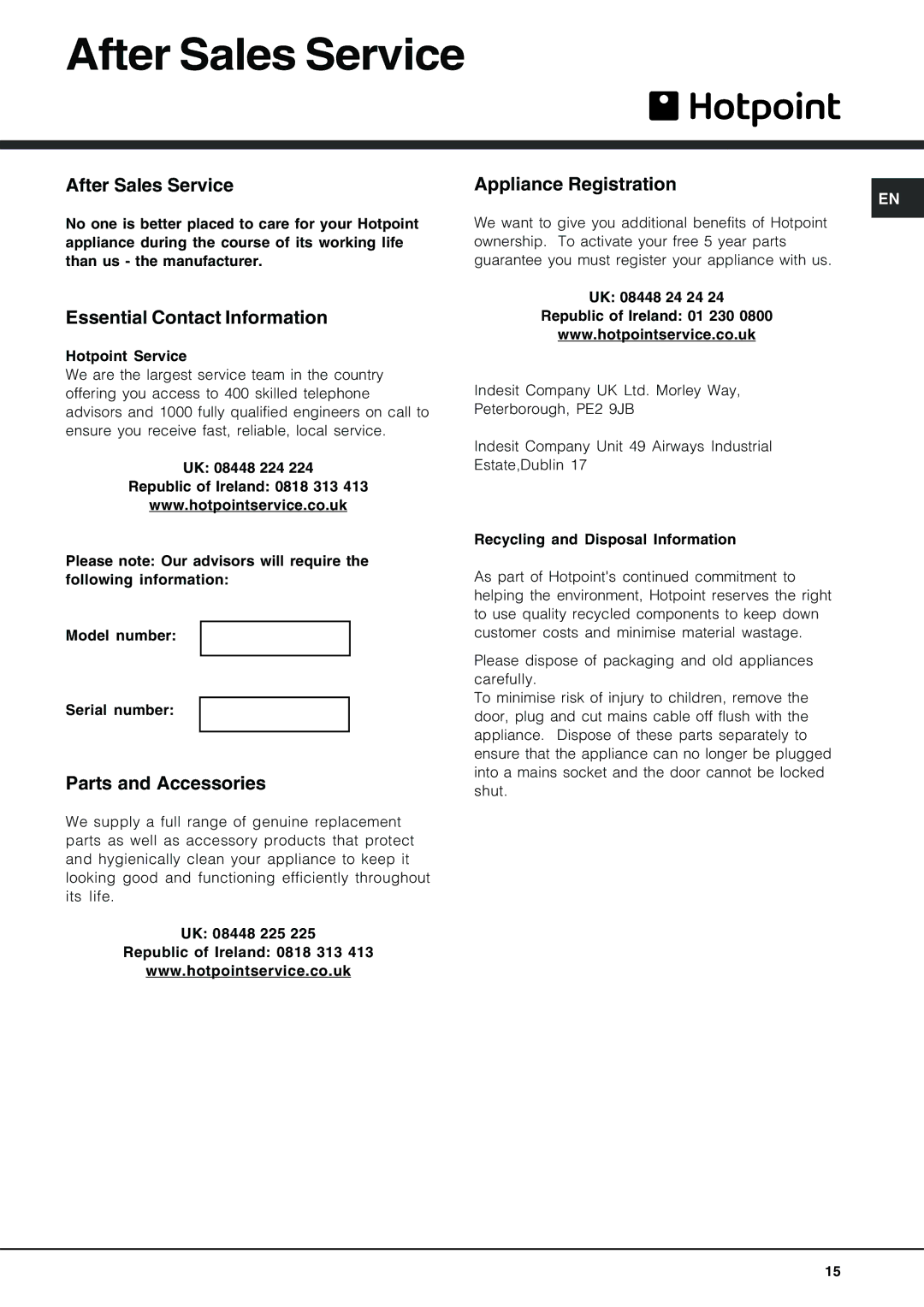 Hotpoint FDD 914 manual After Sales Service, Essential Contact Information, Parts and Accessories, Appliance Registration 