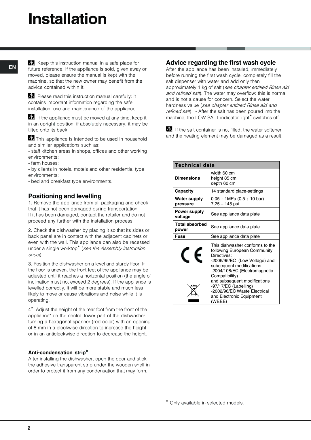 Hotpoint FDD 914 Installation, Positioning and levelling, Advice regarding the first wash cycle, Anti-condensation strip 