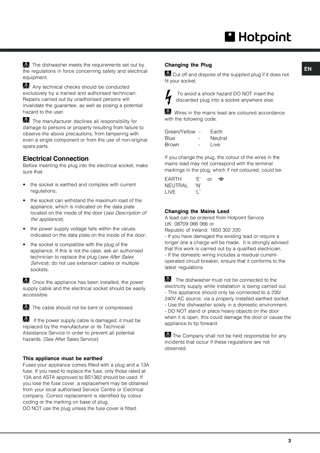 Hotpoint FDD 914 manual Electrical Connection 