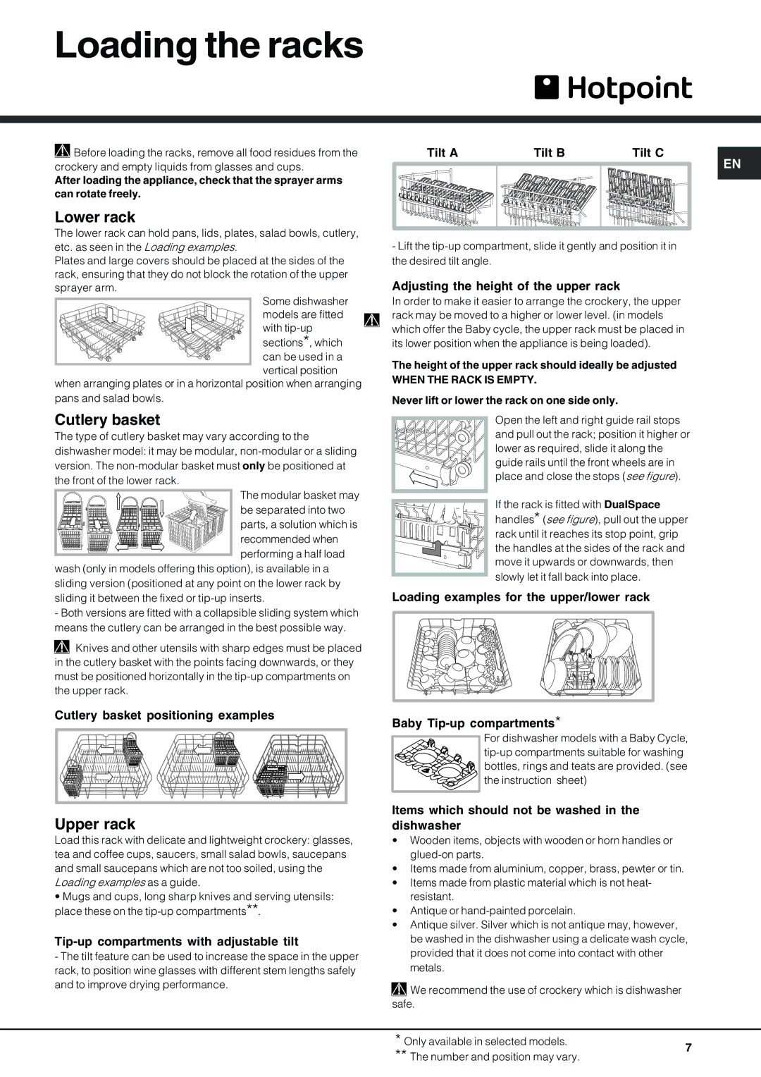 Hotpoint FDD 914 manual Loading the racks, Lower rack, Cutlery basket, Upper rack 