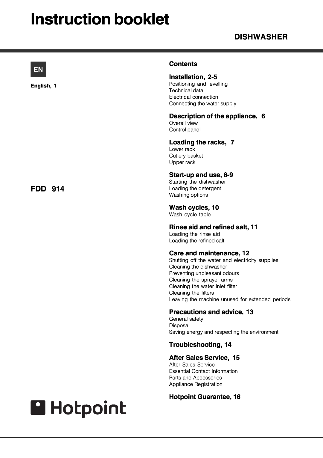 Hotpoint FDD 914 manual Instruction booklet, 150950-4 