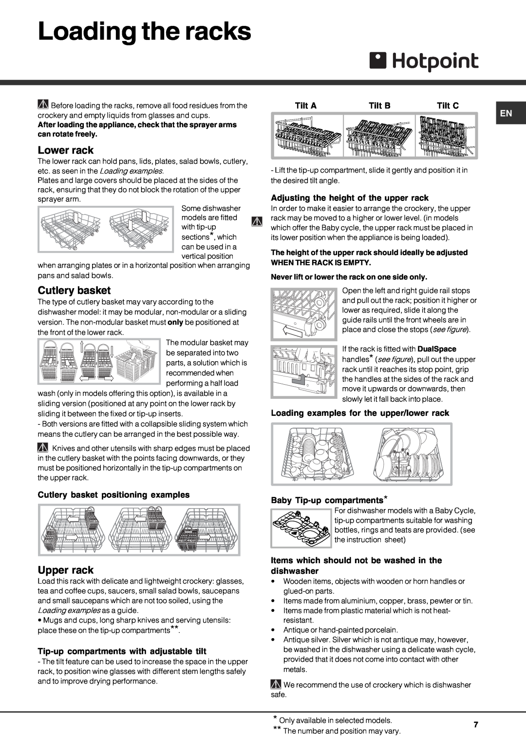 Hotpoint FDD 914 manual Loading the racks, Lower rack, Cutlery basket, Upper rack, Tilt A, Tilt B, Tilt C 
