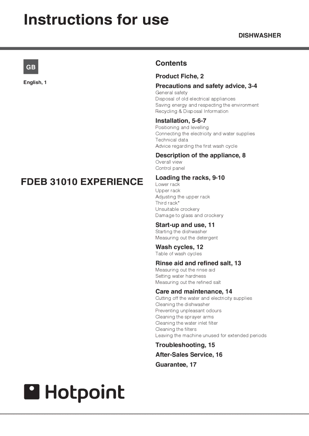 Hotpoint fdeb 31010 manual Instructions for use, Fdeb 31010 Experience 