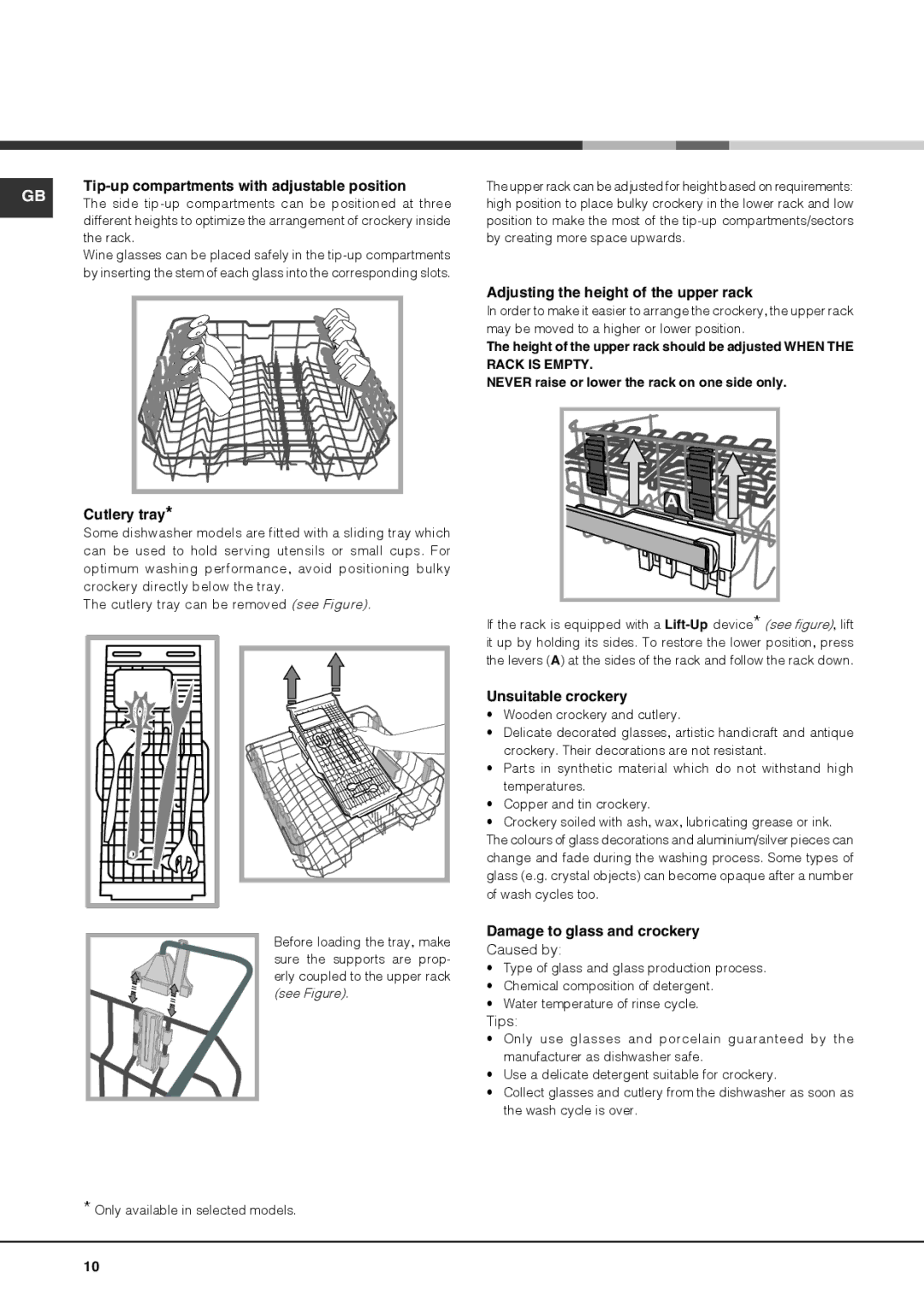 Hotpoint fdeb 31010 Tip-up compartments with adjustable position, Cutlery tray, Adjusting the height of the upper rack 