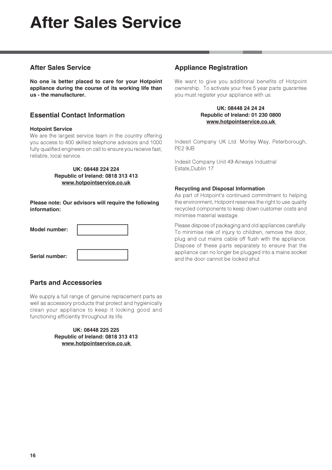 Hotpoint fdeb 31010 After Sales Service, Essential Contact Information, Appliance Registration, Parts and Accessories 