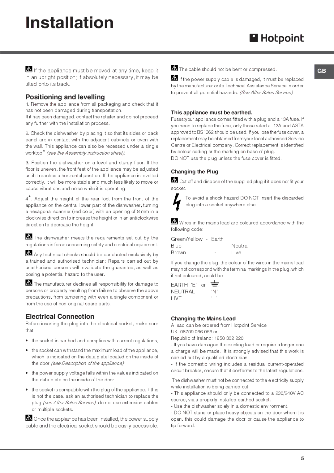 Hotpoint fdeb 31010 manual Installation, Positioning and levelling, Electrical Connection 