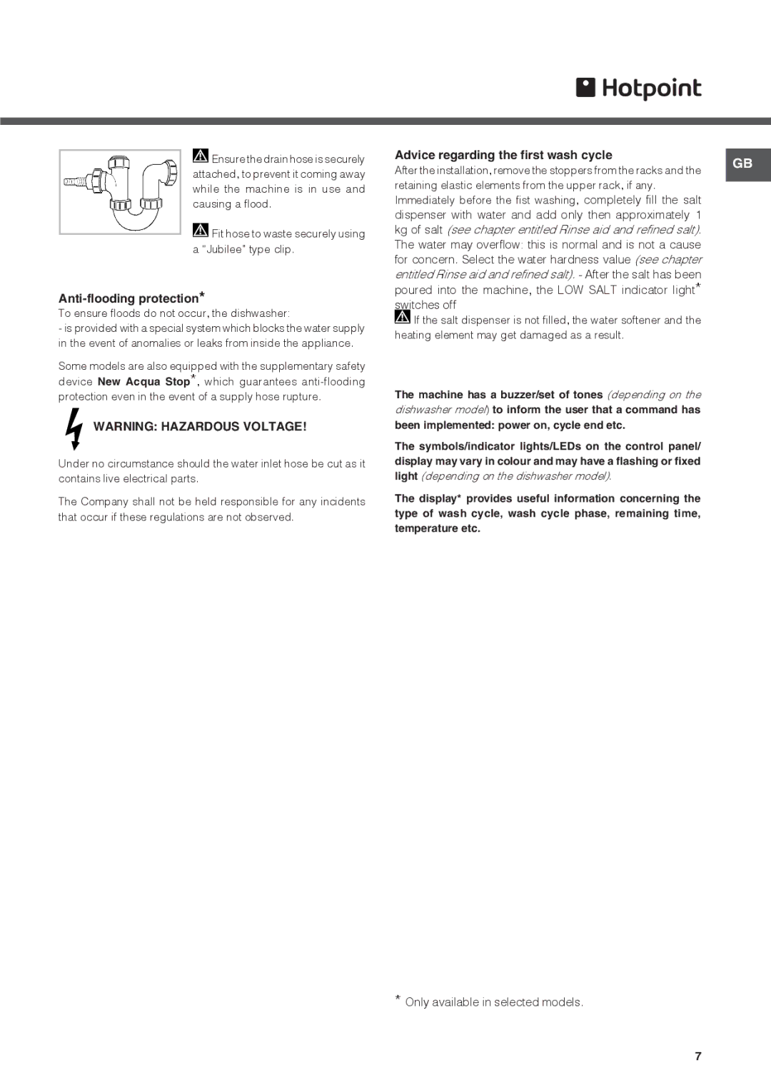 Hotpoint fdeb 31010 manual Anti-flooding protection, Advice regarding the first wash cycle 