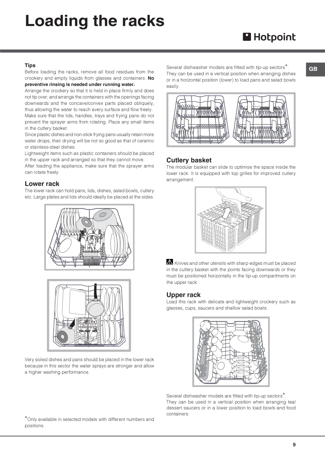 Hotpoint fdeb 31010 manual Loading the racks, Lower rack, Cutlery basket, Upper rack, Tips 