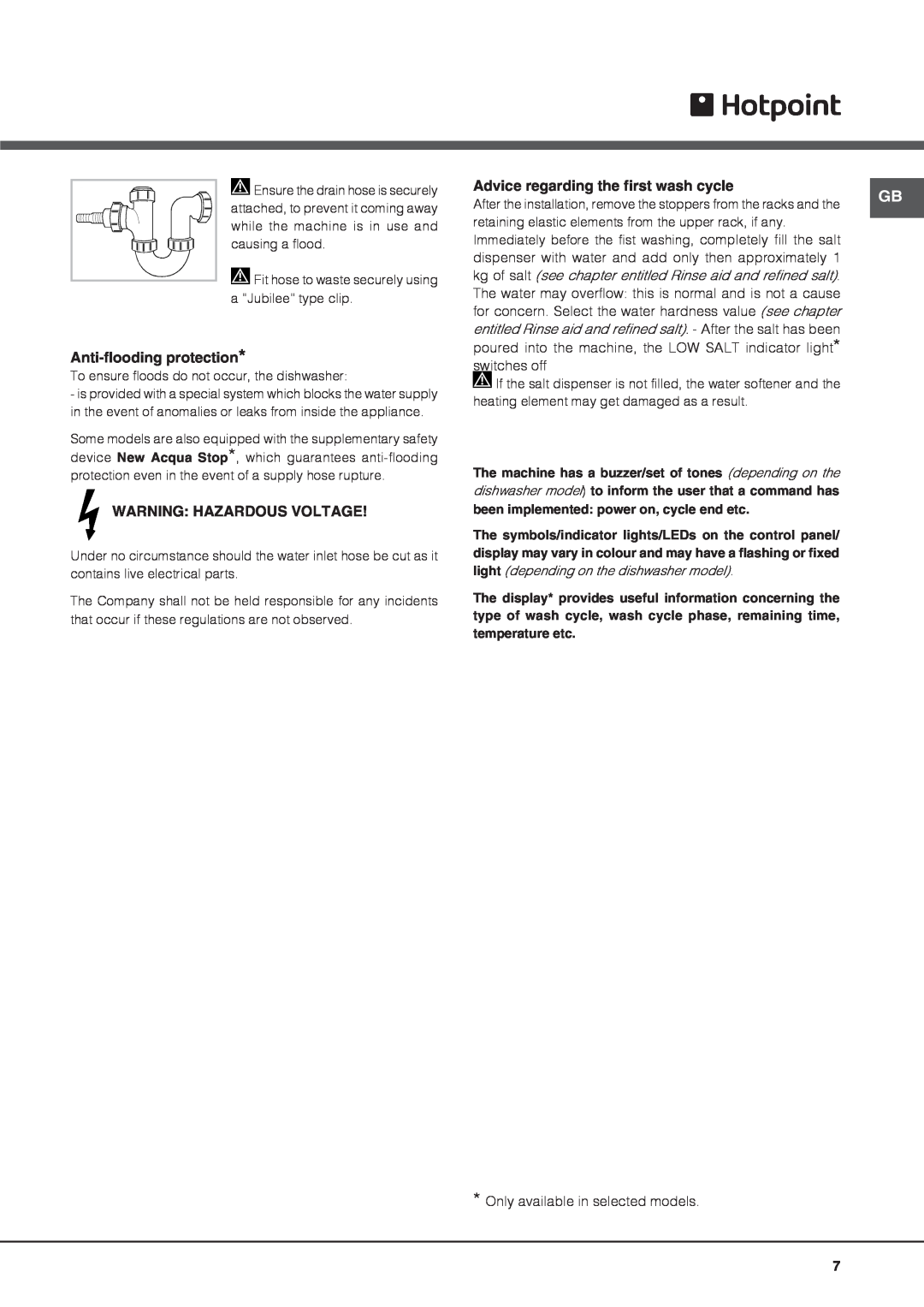 Hotpoint fdeb 31010 manual Anti-floodingprotection, Warning Hazardous Voltage, Advice regarding the first wash cycle 