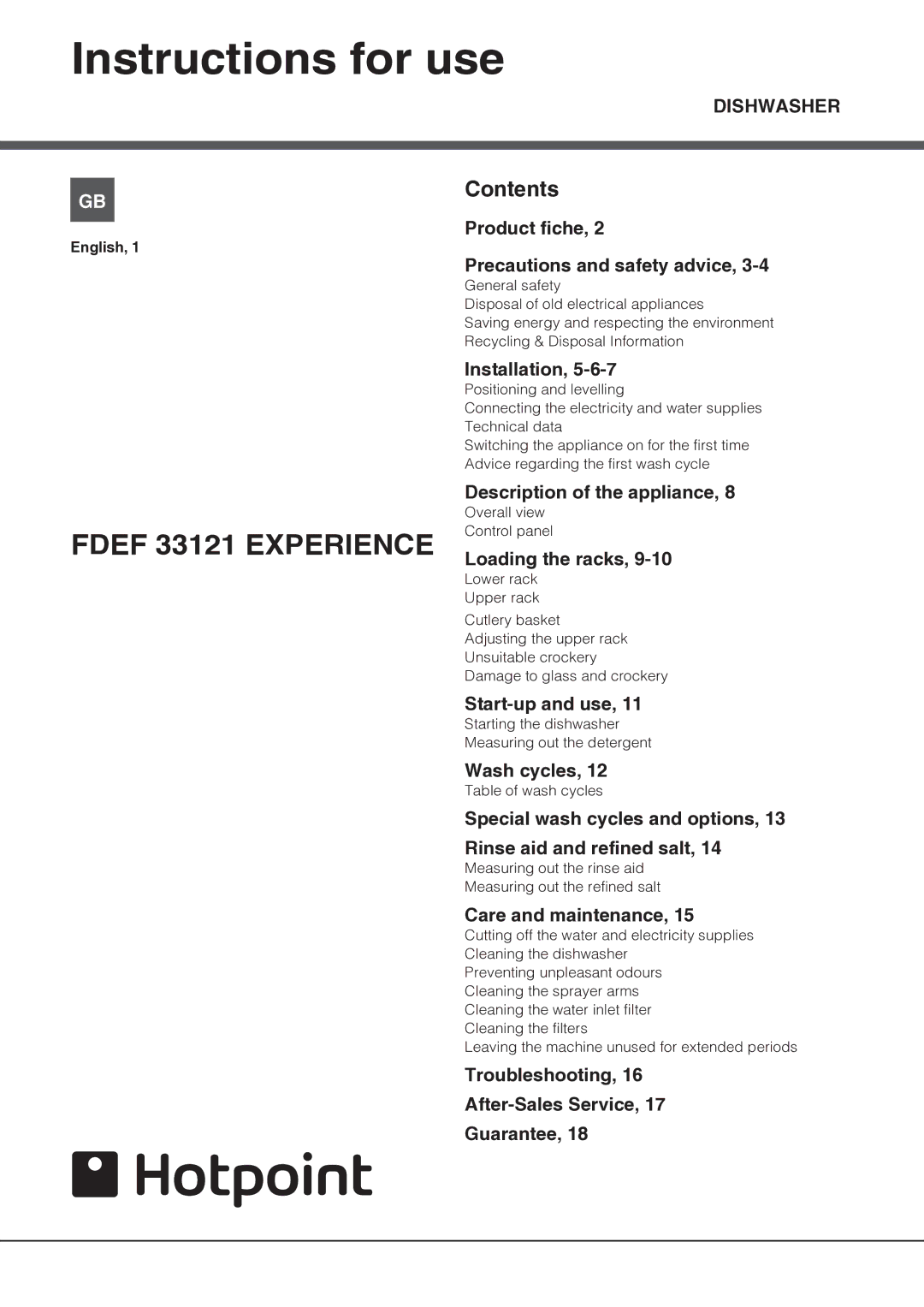 Hotpoint FDEF 33121 manual Instructions for use, Contents 