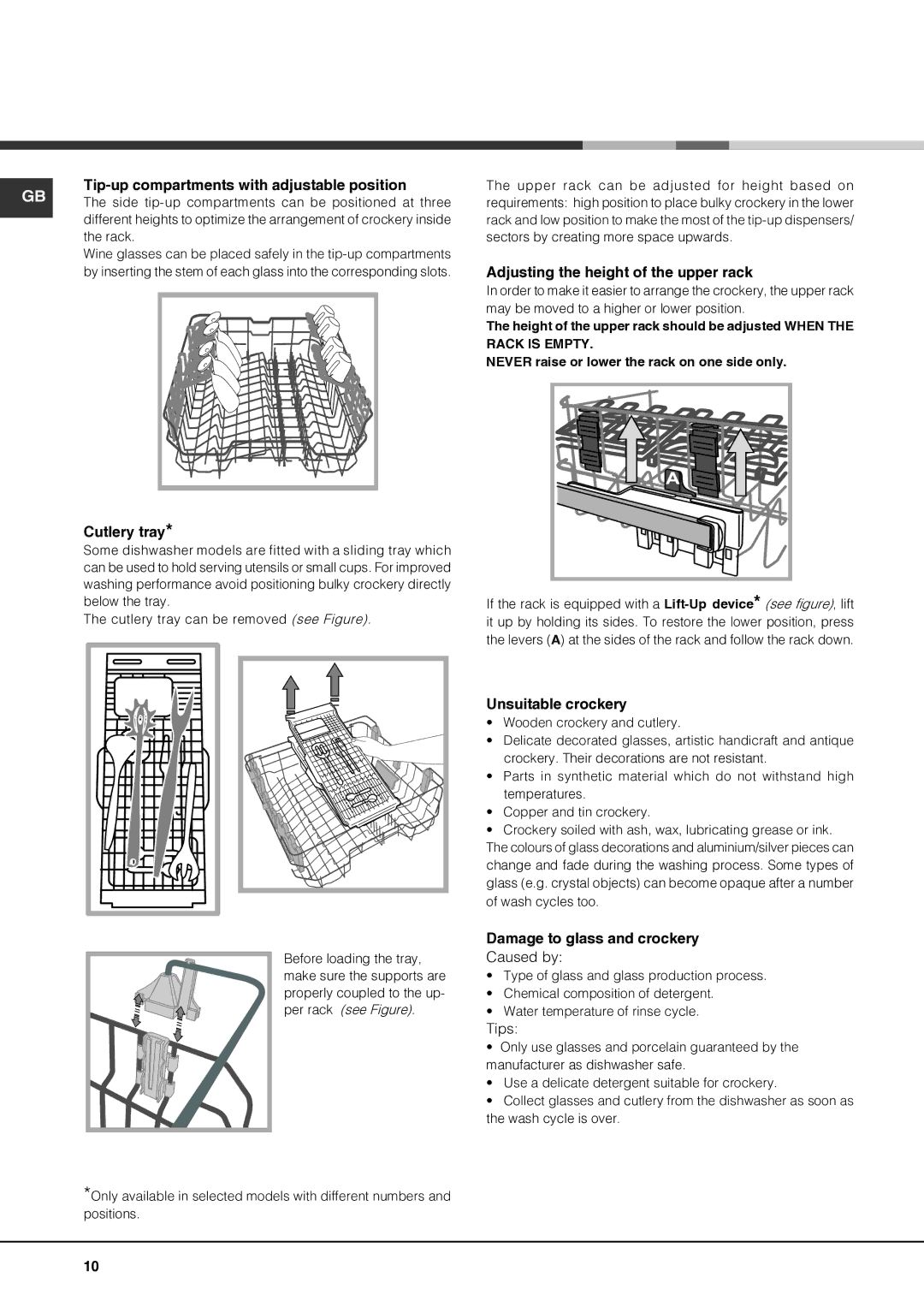 Hotpoint FDEF 33121 Tip-up compartments with adjustable position, Cutlery tray, Adjusting the height of the upper rack 