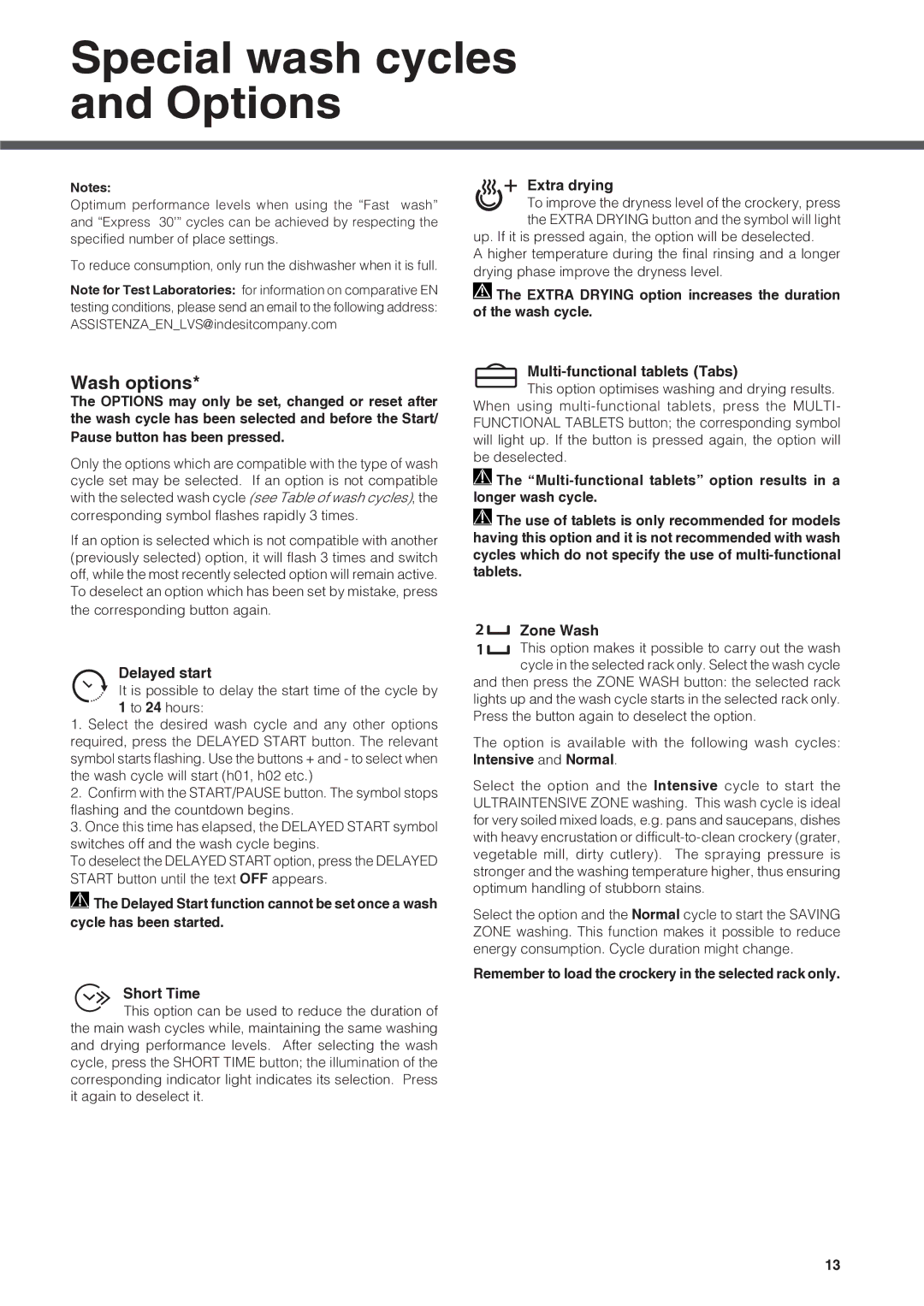 Hotpoint FDEF 33121 manual Special wash cycles and Options, Wash options 