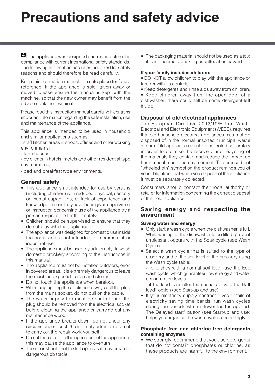 Hotpoint FDEF 33121 manual Precautions and safety advice, General safety, Disposal of old electrical appliances 