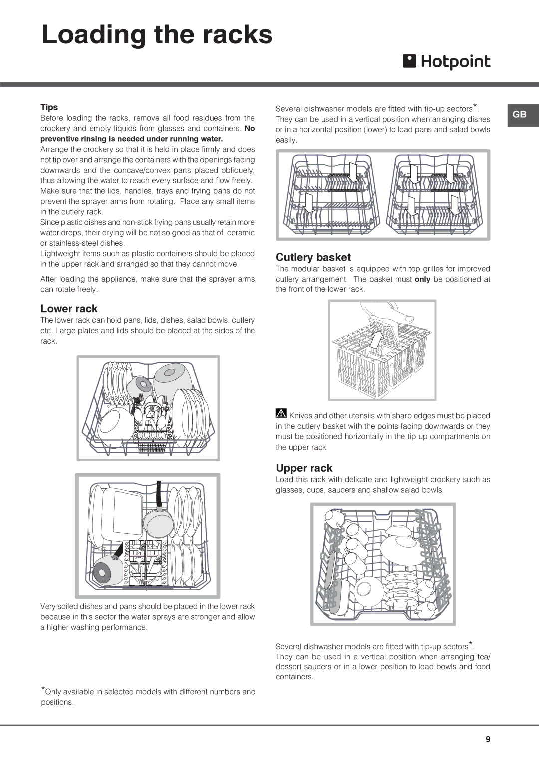 Hotpoint FDEF 33121 manual Loading the racks, Cutlery basket, Lower rack, Upper rack, Tips 