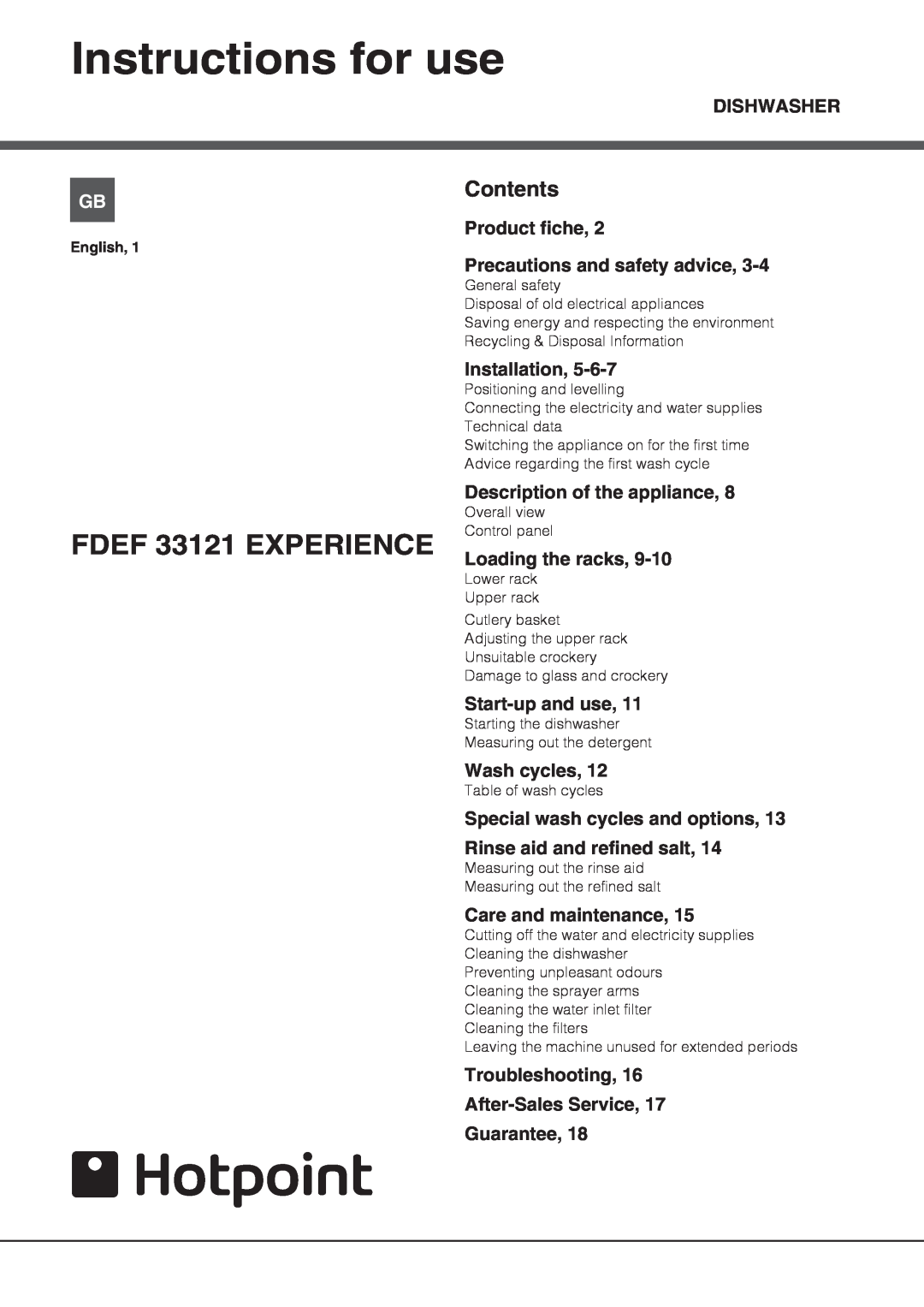 Hotpoint manual Instructions for use, FDEF 33121 EXPERIENCE, Contents 