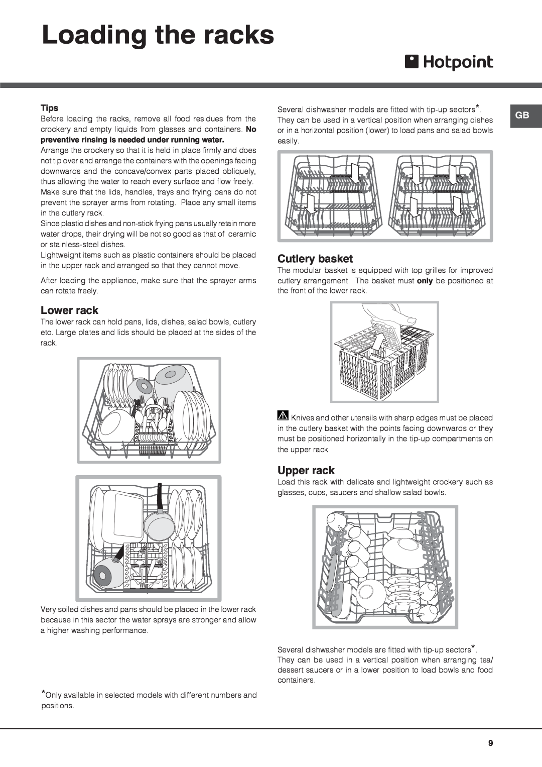 Hotpoint FDEF 33121 manual Loading the racks, Cutlery basket, Lower rack, Upper rack, Tips 