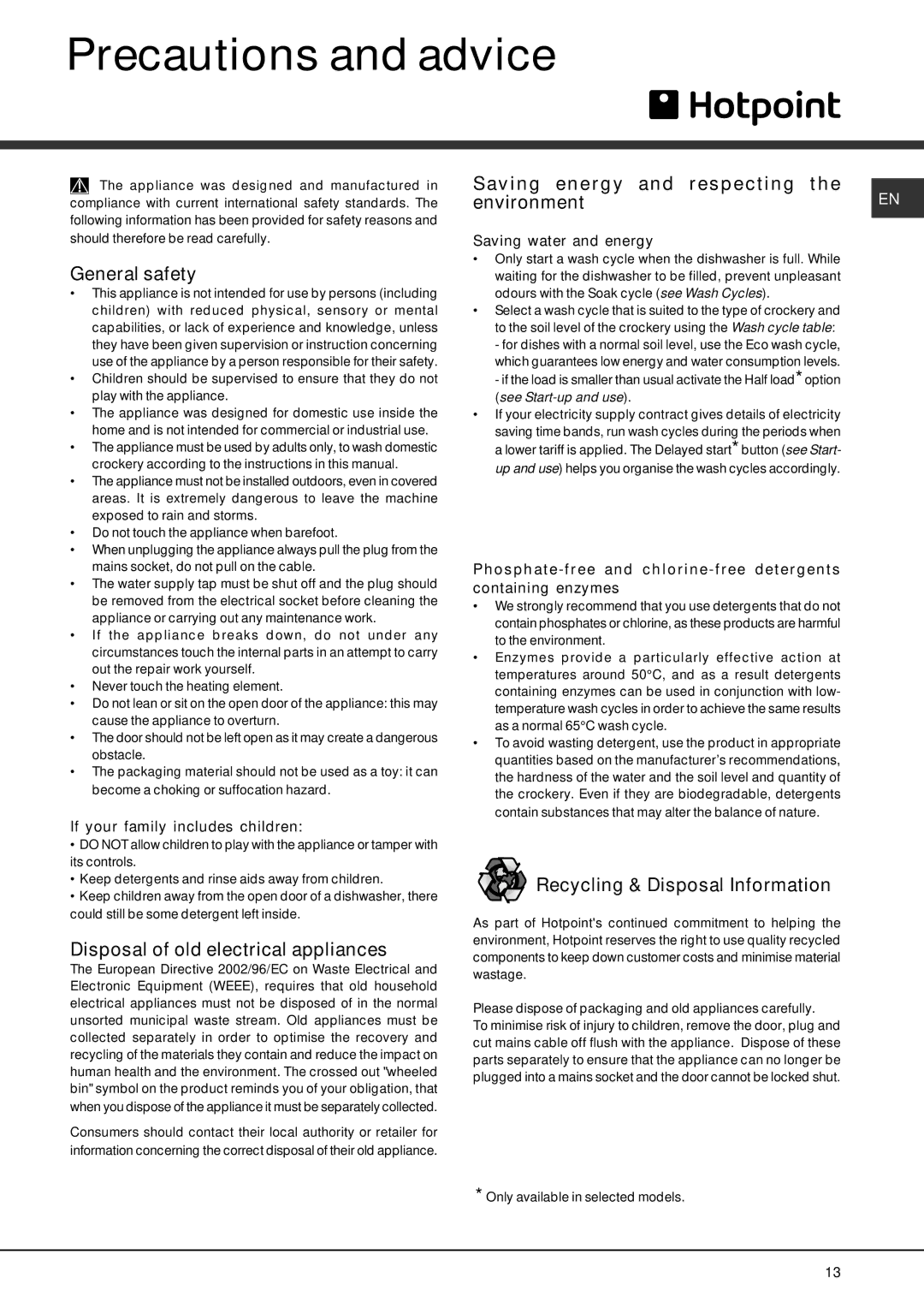 Hotpoint FDEF 4101 manual Precautions and advice, General safety, Disposal of old electrical appliances 