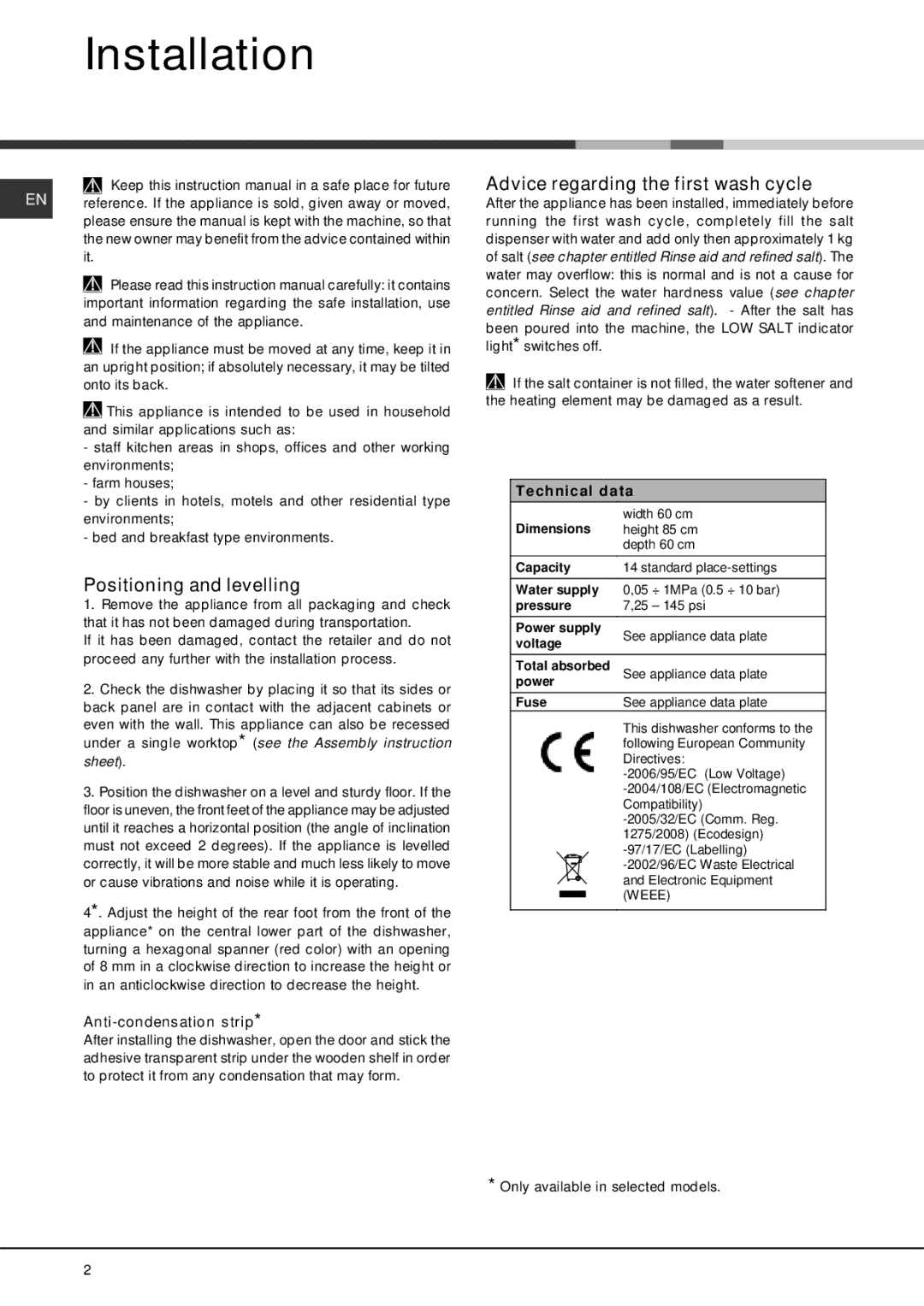 Hotpoint FDEF 4101 Installation, Positioning and levelling, Advice regarding the first wash cycle, Anti-condensation strip 