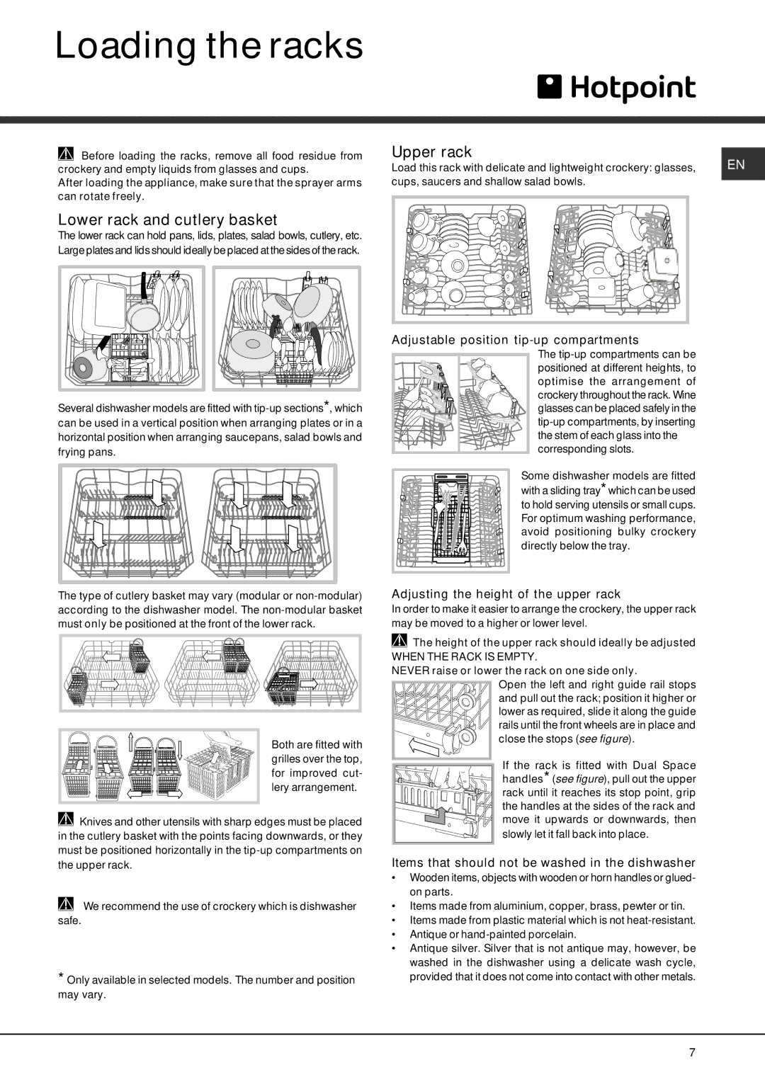 Hotpoint FDEF 4101 manual Loading the racks, Lower rack and cutlery basket, Upper rack 