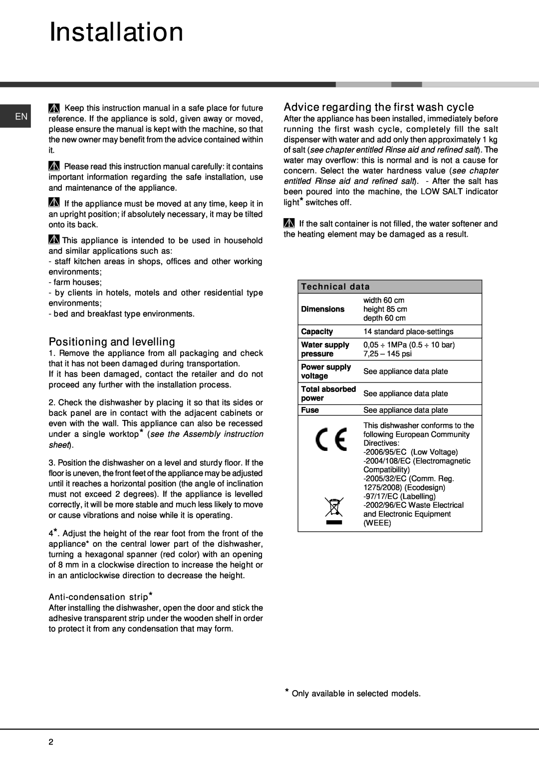 Hotpoint FDEF 4101 manual Installation, Positioning and levelling, Advice regarding the first wash cycle 