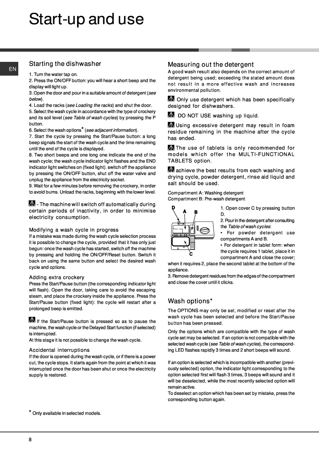 Hotpoint FDEF 4101 manual Start-upand use, Starting the dishwasher, Measuring out the detergent, Wash options 