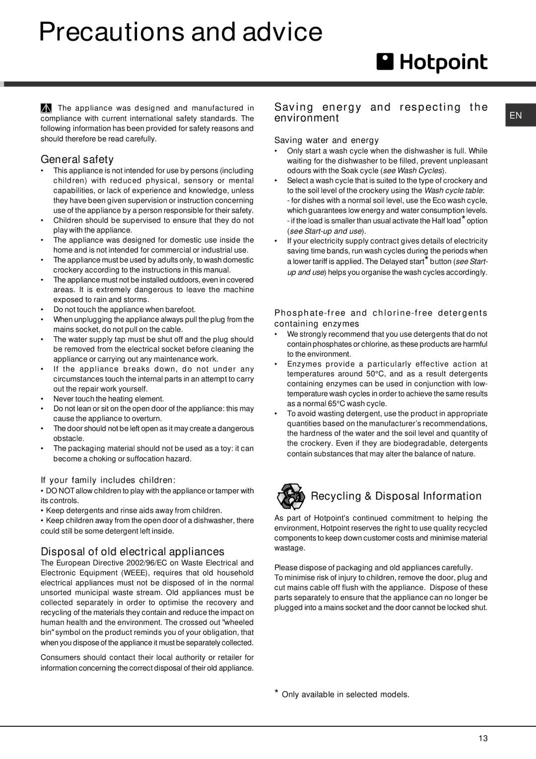 Hotpoint FDEL 3101 Experience manual Precautions and advice, General safety, Saving energy and respecting Environment 