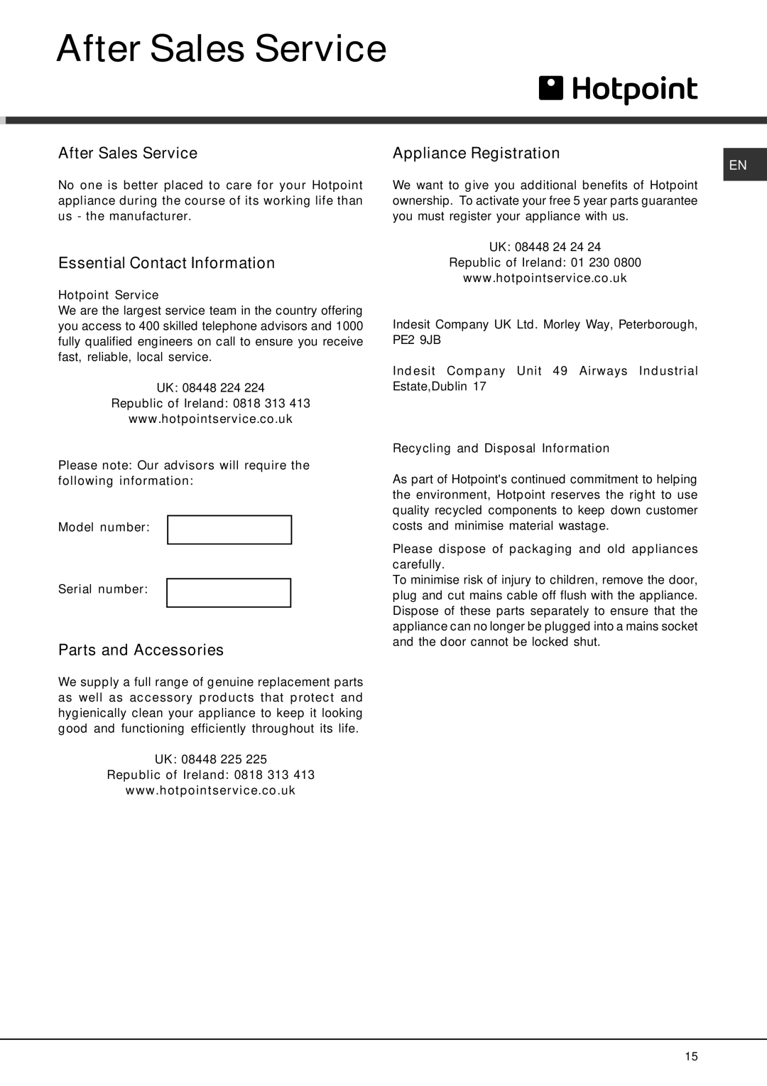 Hotpoint FDEL 3101 Experience manual After Sales Service, Essential Contact Information, Parts and Accessories 