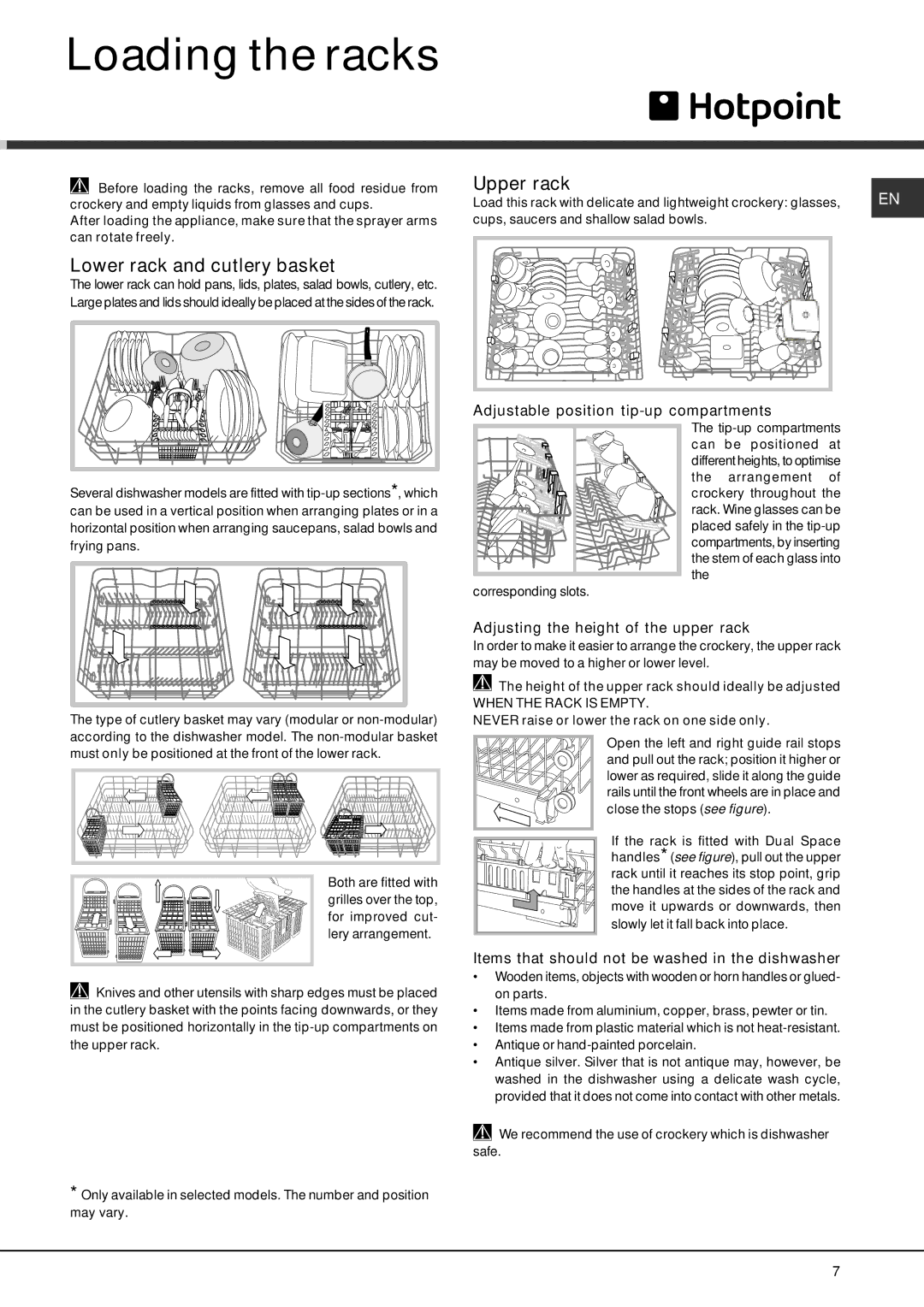 Hotpoint FDEL 3101 Experience manual Loading the racks, Lower rack and cutlery basket, Upper rack 