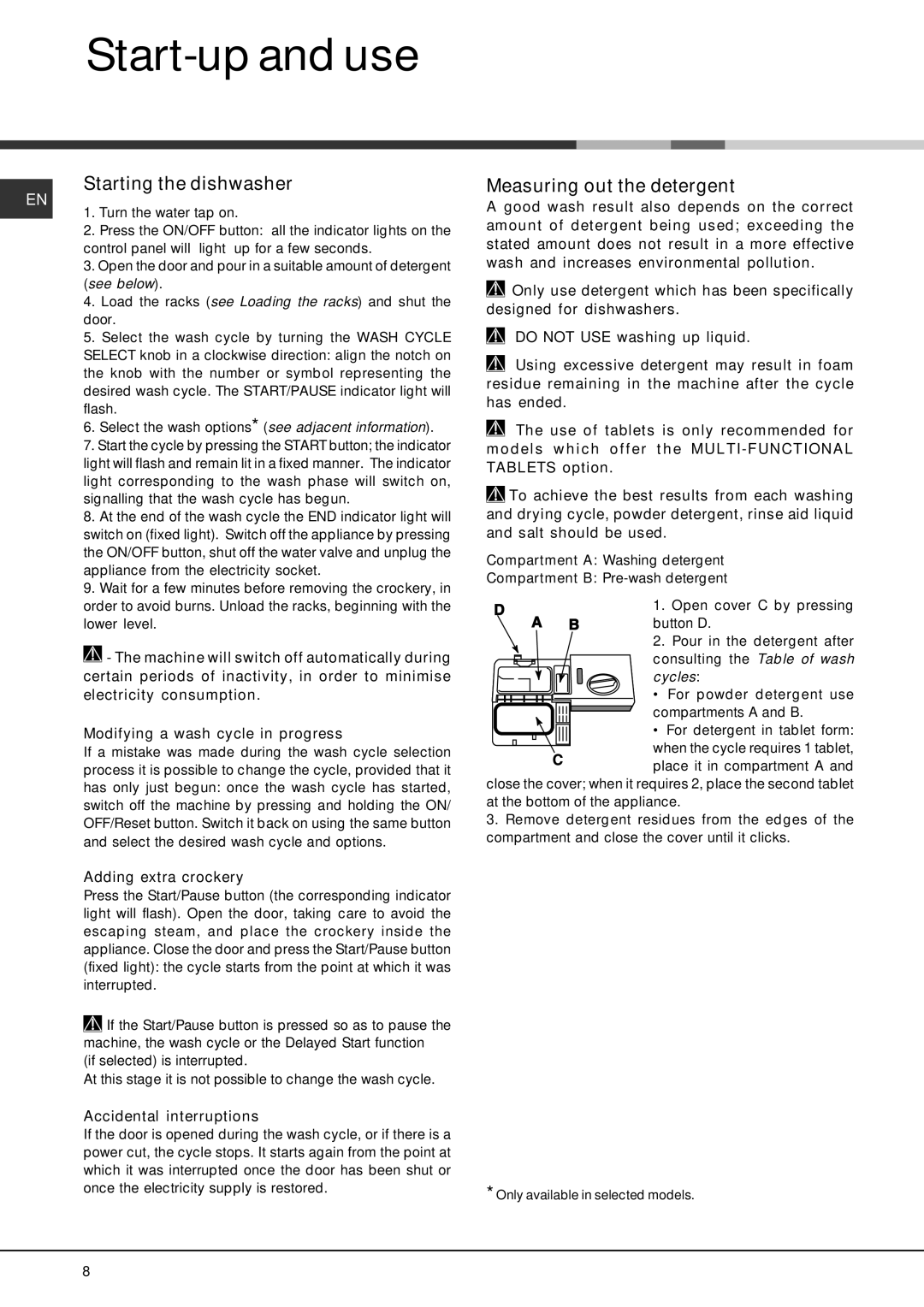 Hotpoint FDEL 3101 Experience manual Start-up and use, Starting the dishwasher, Measuring out the detergent 