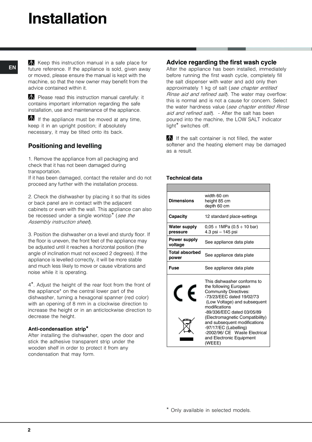 Hotpoint FDF-780 manual Installation, Positioning and levelling, Advice regarding the first wash cycle 