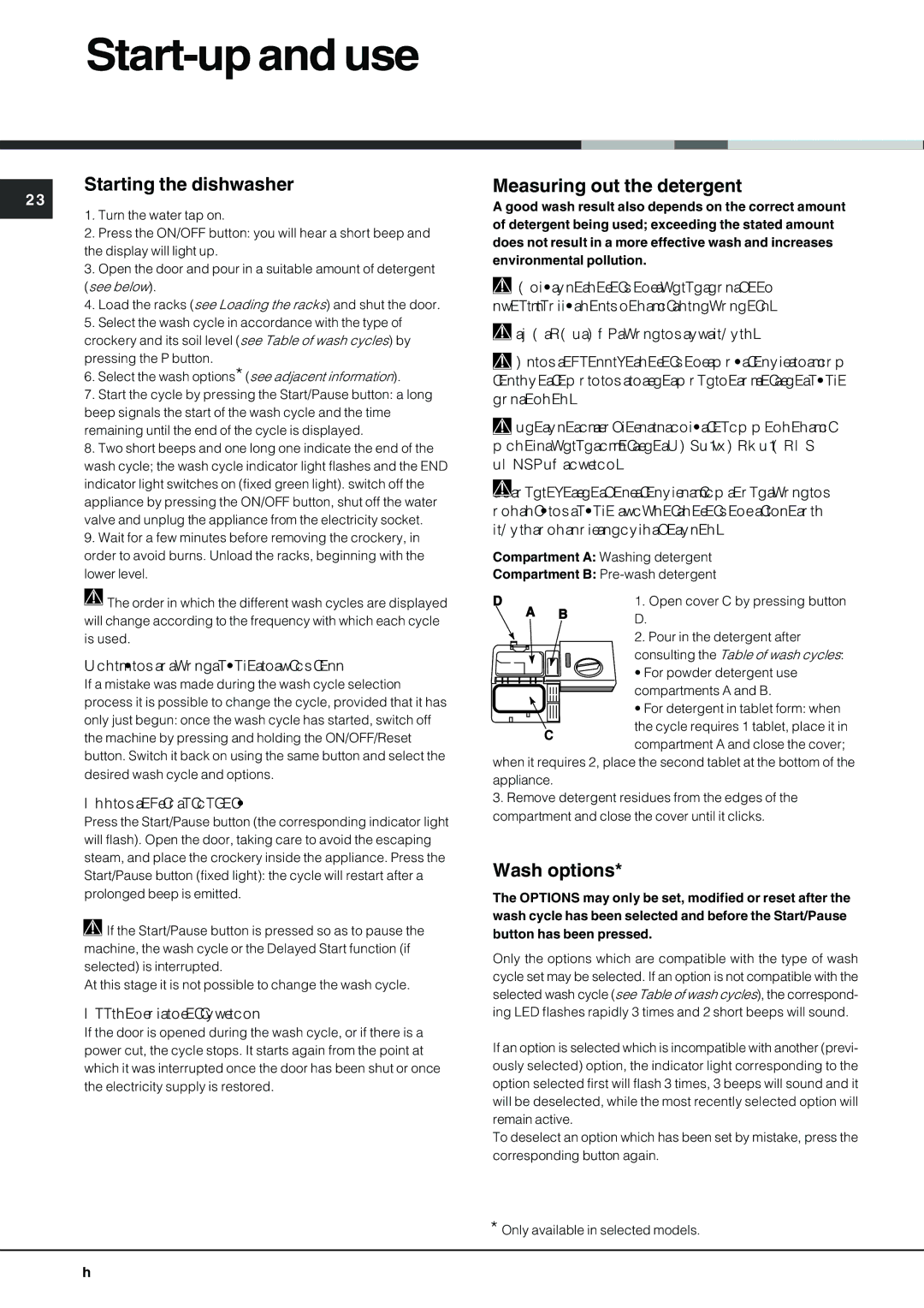 Hotpoint FDF-780 manual Start-up and use, Starting the dishwasher, Measuring out the detergent, Wash options 