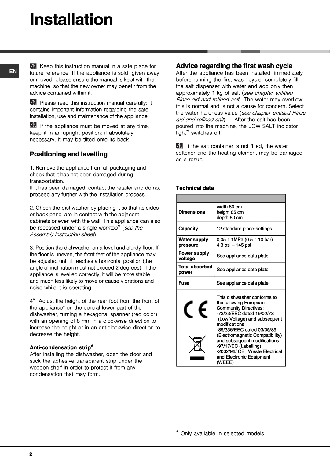 Hotpoint FDF-780 manual Installation, Positioning and levelling, Advice regarding the first wash cycle 