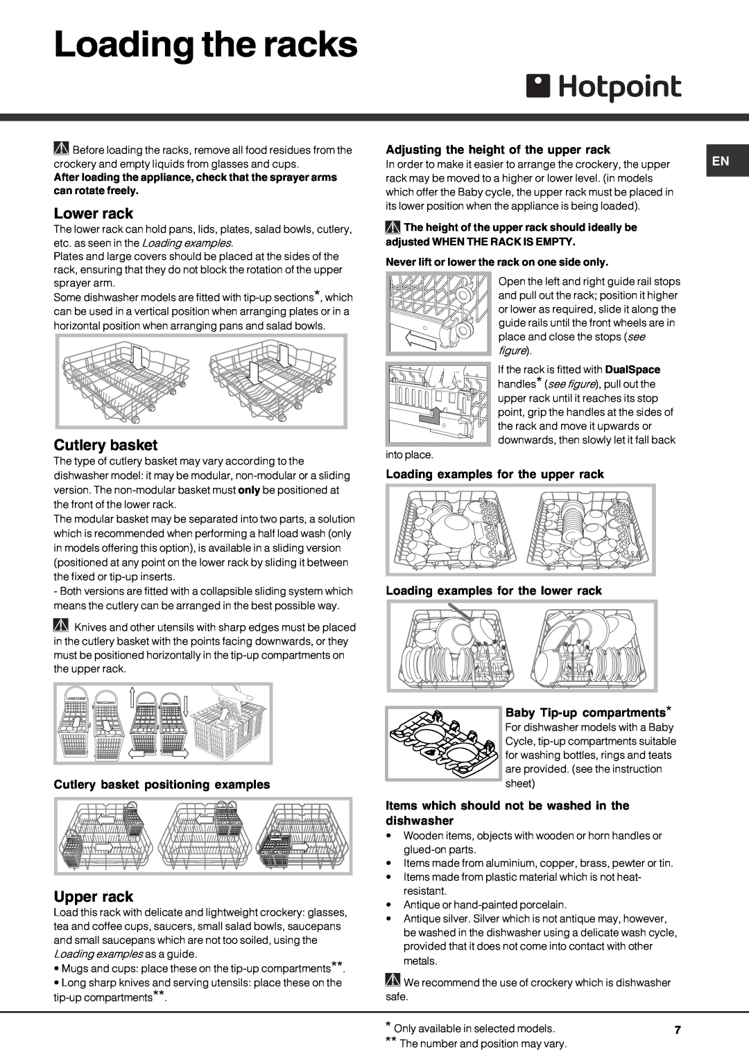 Hotpoint FDF-780 manual Loading the racks, Lower rack, Cutlery basket, Upper rack 